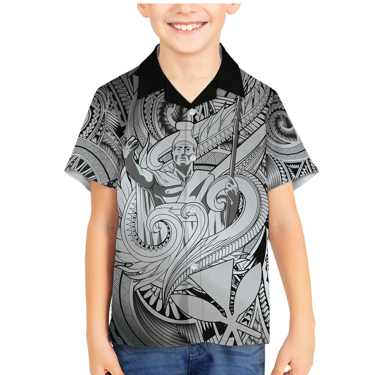 Personalised Aloha King Kamehameha Spirits Family Matching Mermaid Dress and Hawaiian Shirt Grey Special LT9 Son's Shirt Grey - Polynesian Pride
