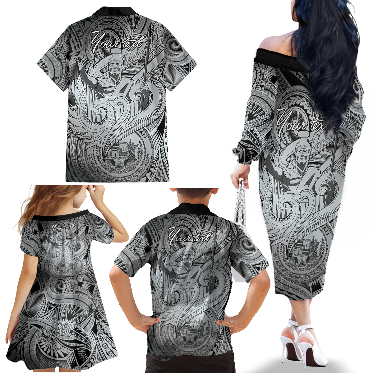 Personalised Aloha King Kamehameha Spirits Family Matching Off Shoulder Long Sleeve Dress and Hawaiian Shirt Grey Special LT9 - Polynesian Pride