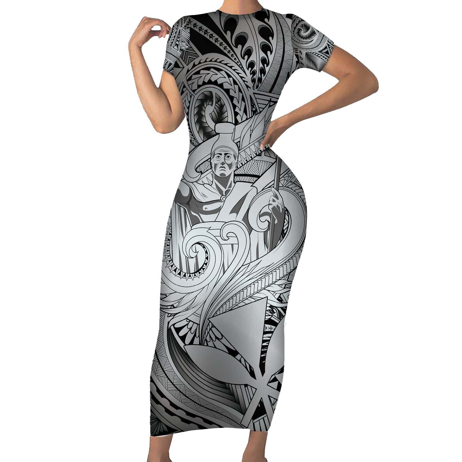 Personalised Aloha King Kamehameha Spirits Short Sleeve Bodycon Dress Grey Special LT9 Long Dress Grey - Polynesian Pride