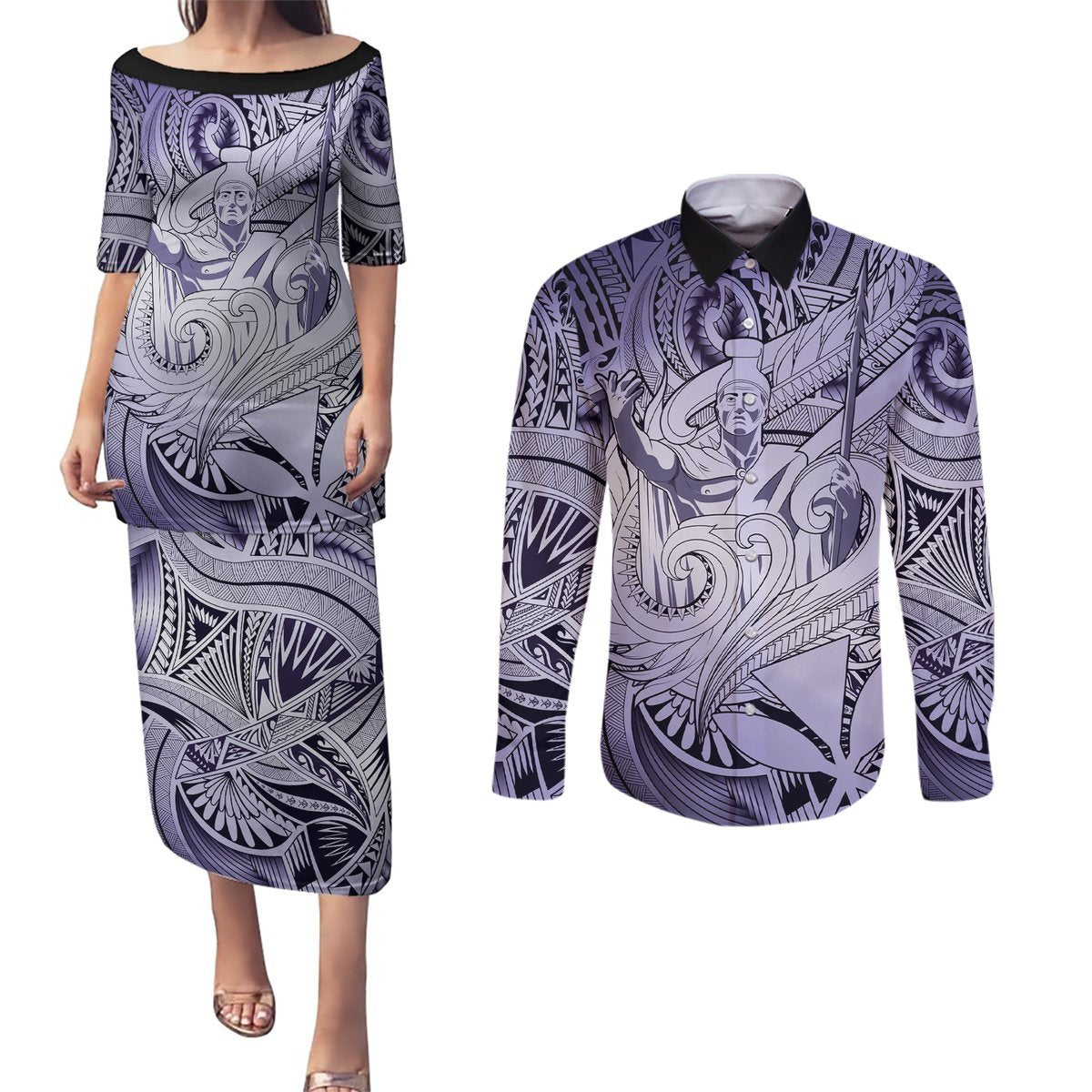 Personalised Aloha King Kamehameha Spirits Couples Matching Puletasi and Long Sleeve Button Shirt Violet Special LT9 Violet - Polynesian Pride