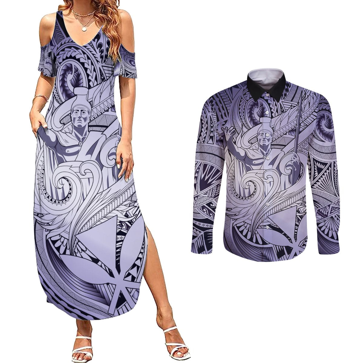 Personalised Aloha King Kamehameha Spirits Couples Matching Summer Maxi Dress and Long Sleeve Button Shirt Violet Special LT9 Violet - Polynesian Pride