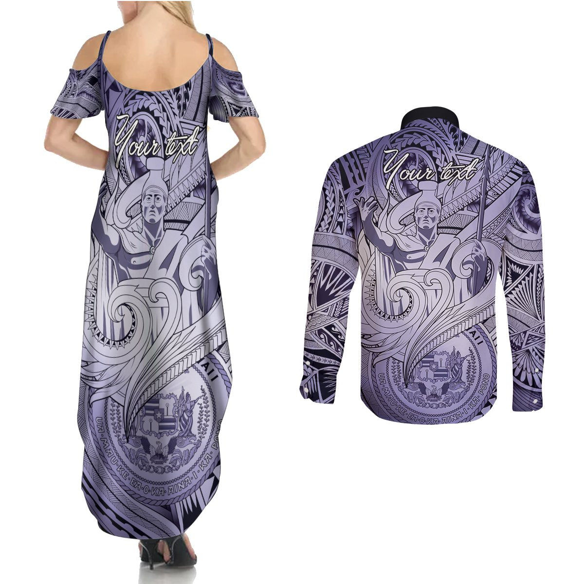 Personalised Aloha King Kamehameha Spirits Couples Matching Summer Maxi Dress and Long Sleeve Button Shirt Violet Special LT9 - Polynesian Pride