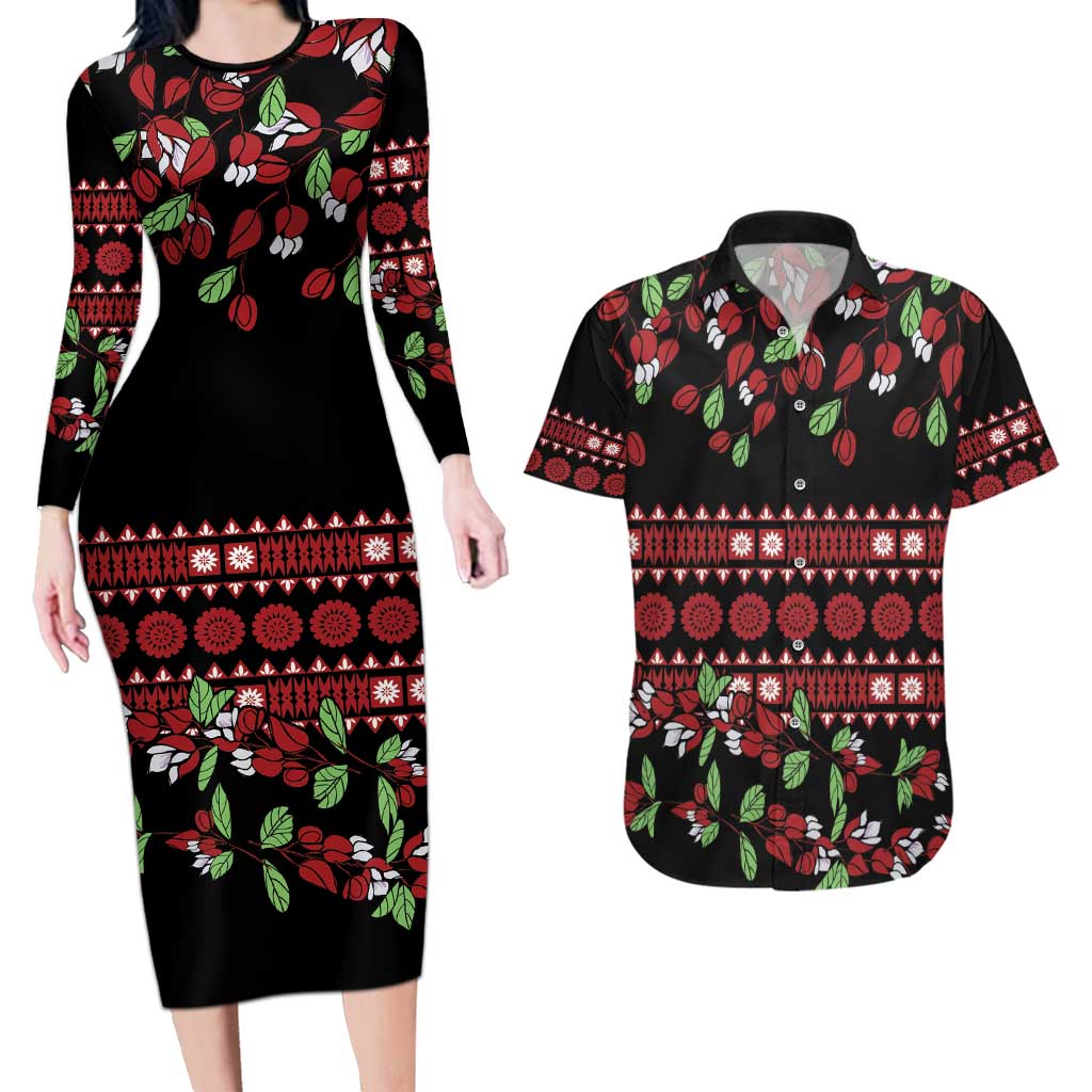 Fiji Masi Bula Tagimoucia Flowers Couples Matching Long Sleeve Bodycon Dress and Hawaiian Shirt