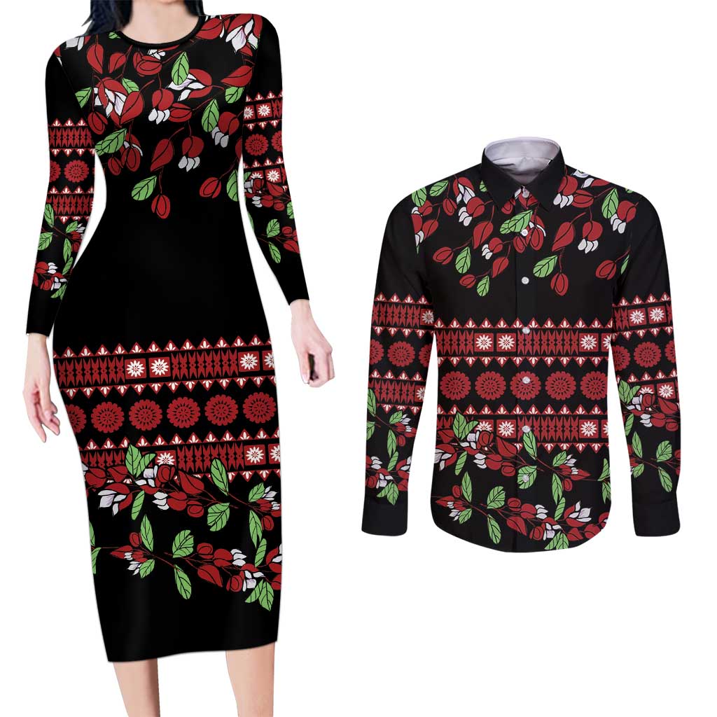 Fiji Masi Bula Tagimoucia Flowers Couples Matching Long Sleeve Bodycon Dress and Long Sleeve Button Shirt