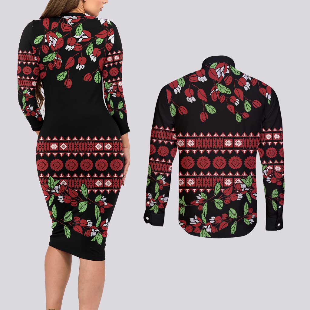 Fiji Masi Bula Tagimoucia Flowers Couples Matching Long Sleeve Bodycon Dress and Long Sleeve Button Shirt LT9 - Polynesian Pride