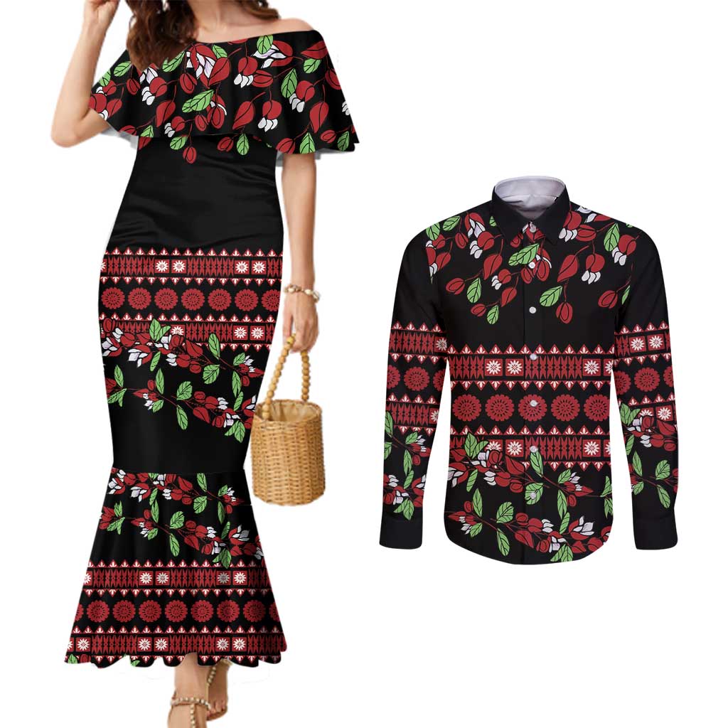 Fiji Masi Bula Tagimoucia Flowers Couples Matching Mermaid Dress and Long Sleeve Button Shirt
