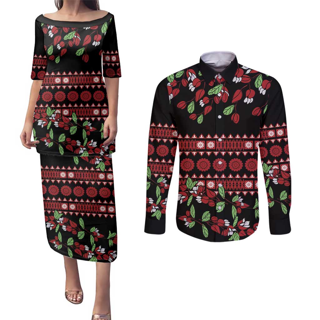 Fiji Masi Bula Tagimoucia Flowers Couples Matching Puletasi and Long Sleeve Button Shirt