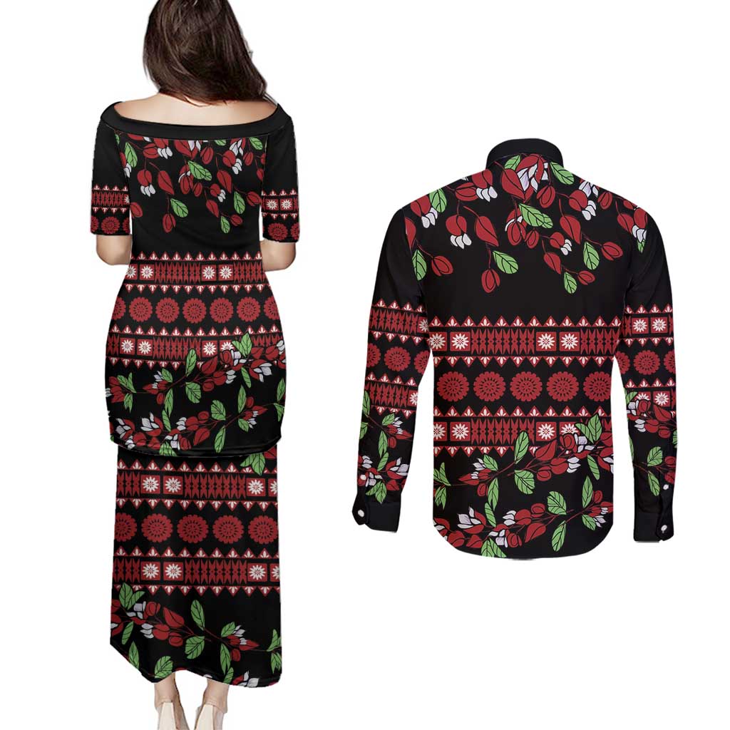 Fiji Masi Bula Tagimoucia Flowers Couples Matching Puletasi and Long Sleeve Button Shirt