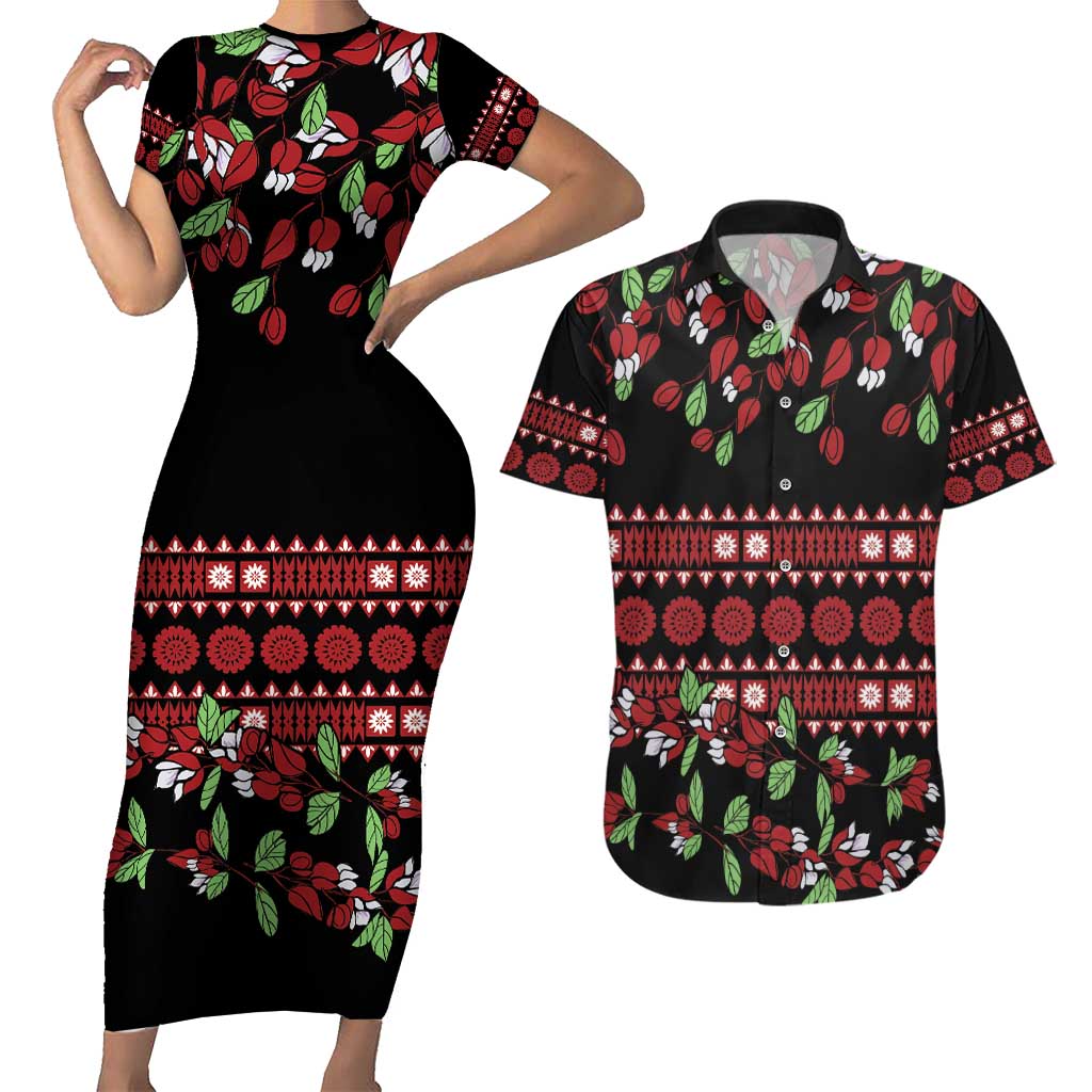Fiji Masi Bula Tagimoucia Flowers Couples Matching Short Sleeve Bodycon Dress and Hawaiian Shirt