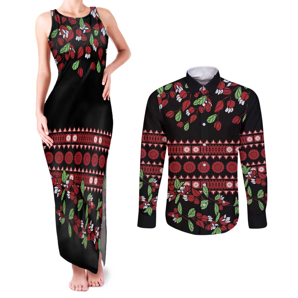 Fiji Masi Bula Tagimoucia Flowers Couples Matching Tank Maxi Dress and Long Sleeve Button Shirt LT9 Red - Polynesian Pride