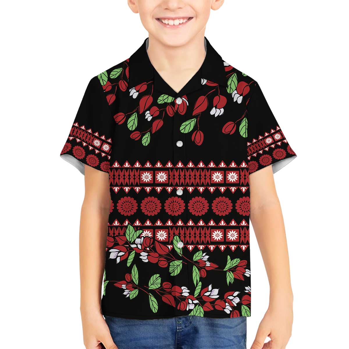 Fiji Masi Bula Tagimoucia Flowers Family Matching Off The Shoulder Long Sleeve Dress and Hawaiian Shirt