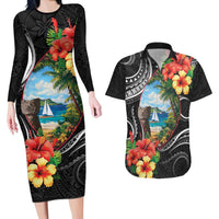 Hafa Adai Guam Couples Matching Long Sleeve Bodycon Dress and Hawaiian Shirt Guahan Seal Chamorro Stones Tribal