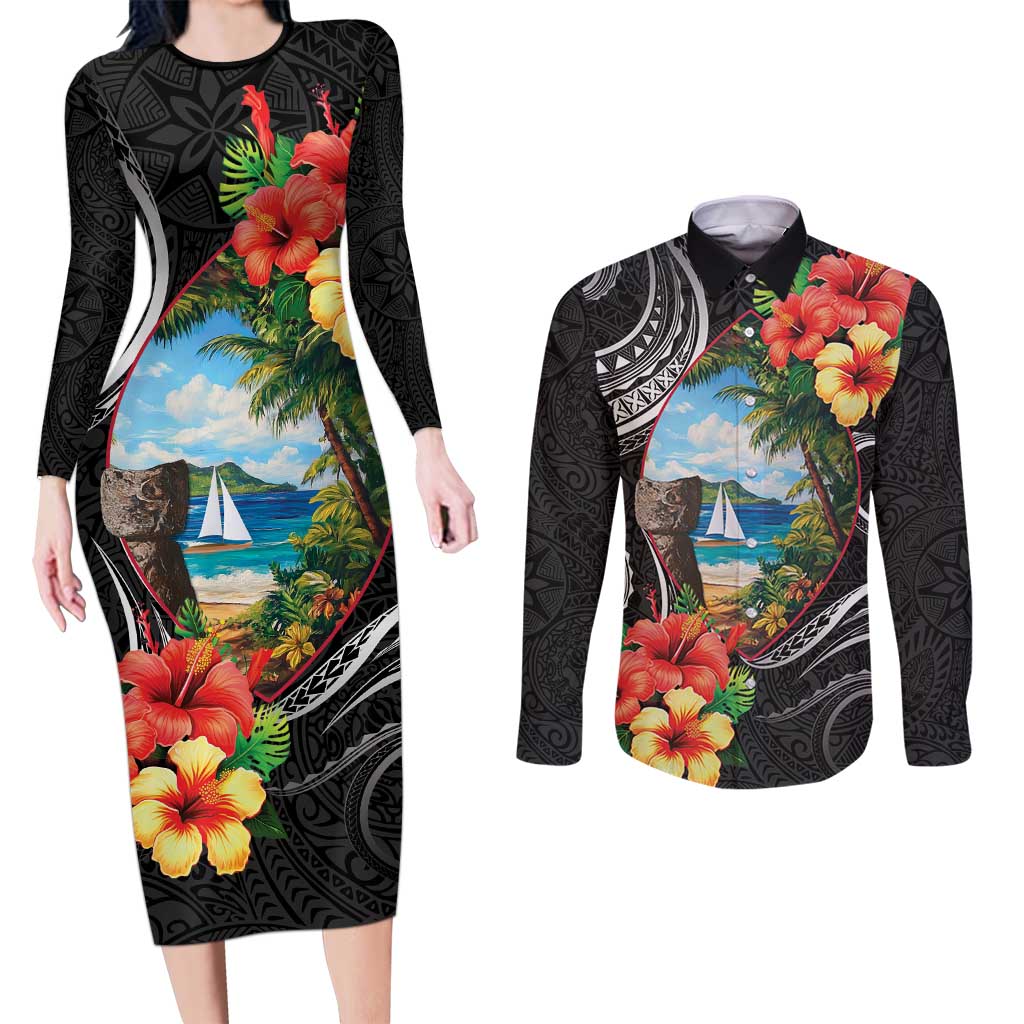 Hafa Adai Guam Couples Matching Long Sleeve Bodycon Dress and Long Sleeve Button Shirt Guahan Seal Chamorro Stones Tribal