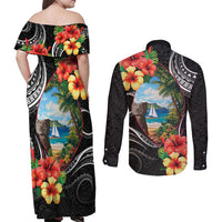 Hafa Adai Guam Couples Matching Off Shoulder Maxi Dress and Long Sleeve Button Shirt Guahan Seal Chamorro Stones Tribal