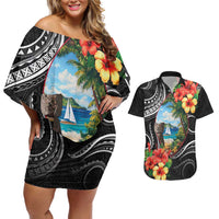 Hafa Adai Guam Couples Matching Off Shoulder Short Dress and Hawaiian Shirt Guahan Seal Chamorro Stones Tribal