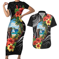 Hafa Adai Guam Couples Matching Short Sleeve Bodycon Dress and Hawaiian Shirt Guahan Seal Chamorro Stones Tribal