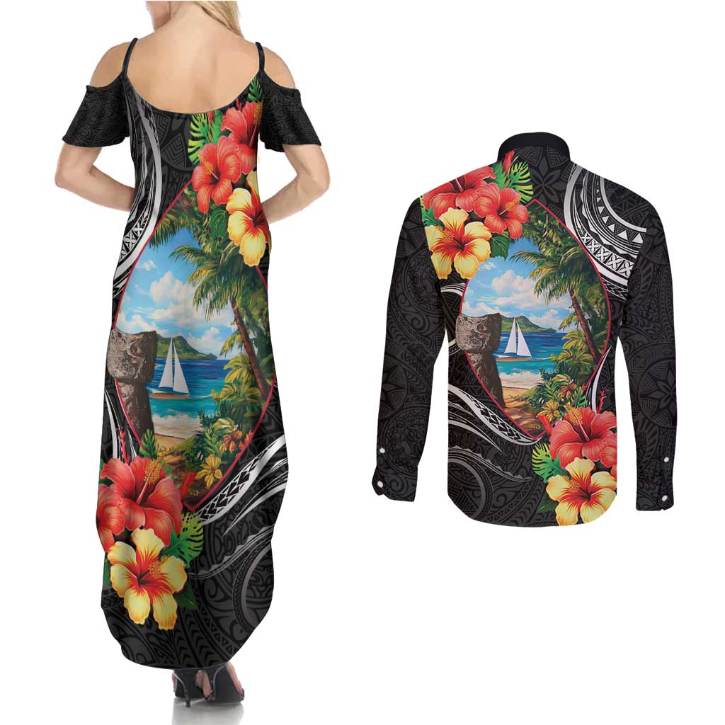 Hafa Adai Guam Couples Matching Summer Maxi Dress and Long Sleeve Button Shirt Guahan Seal Chamorro Stones Tribal