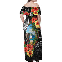 Hafa Adai Guam Family Matching Off Shoulder Maxi Dress and Hawaiian Shirt Guahan Seal Chamorro Stones Tribal