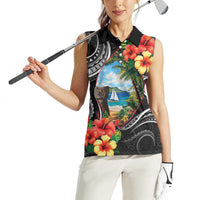 Hafa Adai Guam Women Sleeveless Polo Shirt Guahan Seal Chamorro Stones Tribal