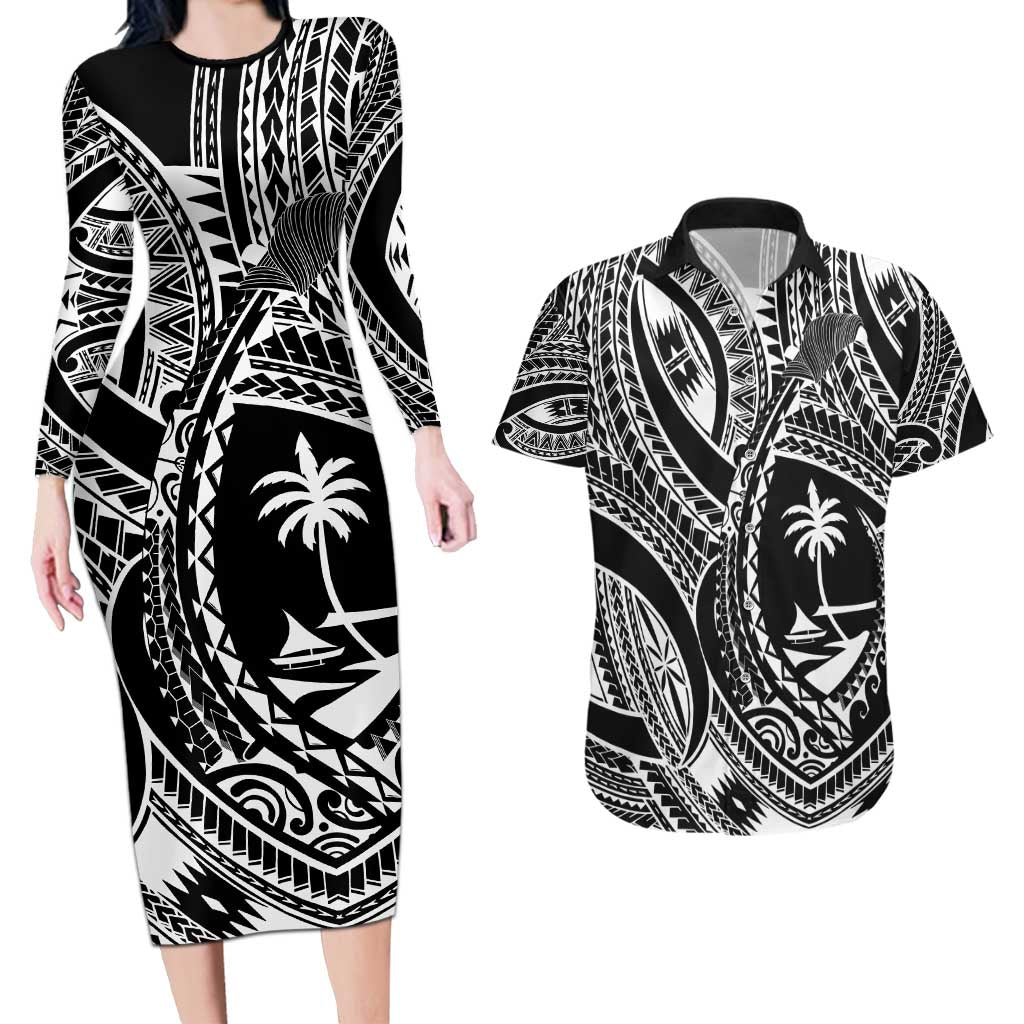 Hafa Adai Guam Inspired Tattoo Couples Matching Long Sleeve Bodycon Dress and Hawaiian Shirt