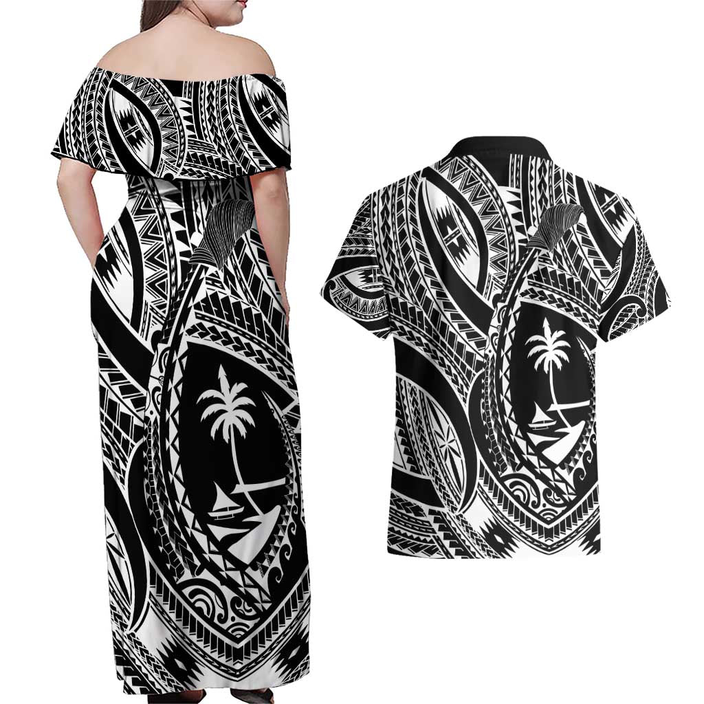 Hafa Adai Guam Inspired Tattoo Couples Matching Off Shoulder Maxi Dress and Hawaiian Shirt