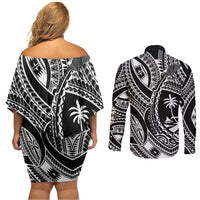Hafa Adai Guam Inspired Tattoo Couples Matching Off Shoulder Short Dress and Long Sleeve Button Shirt