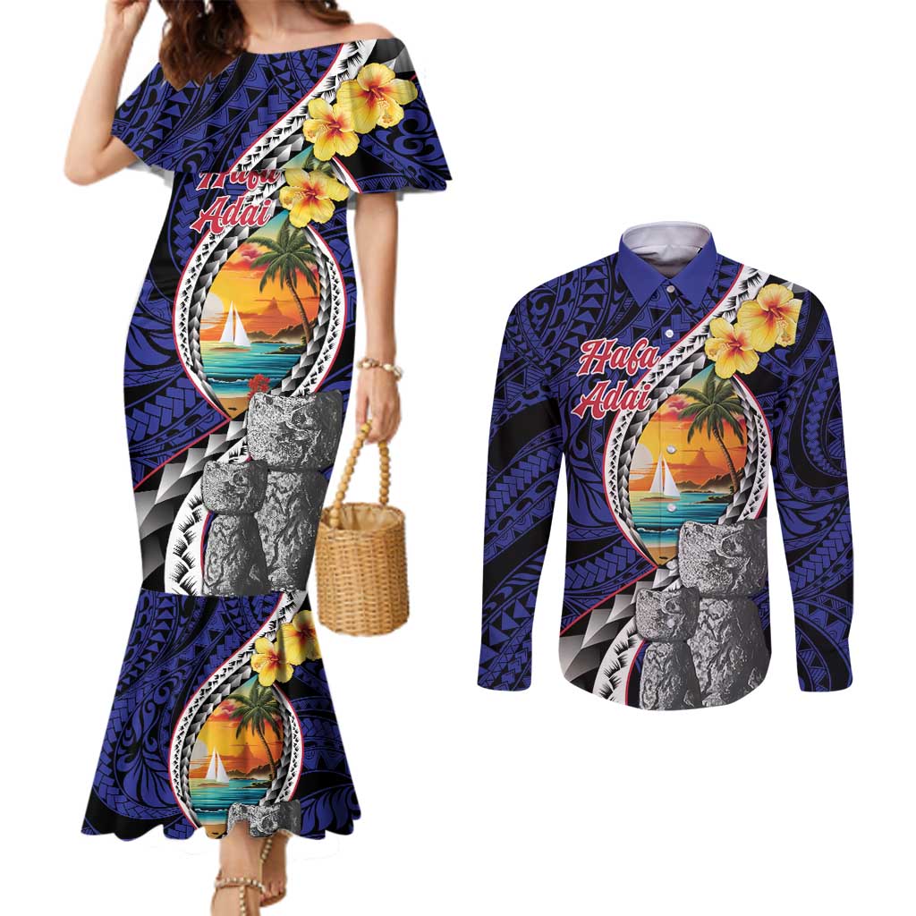 Hafa Adai Guam Seal Latte Stones Artwork Couples Matching Mermaid Dress and Long Sleeve Button Shirt