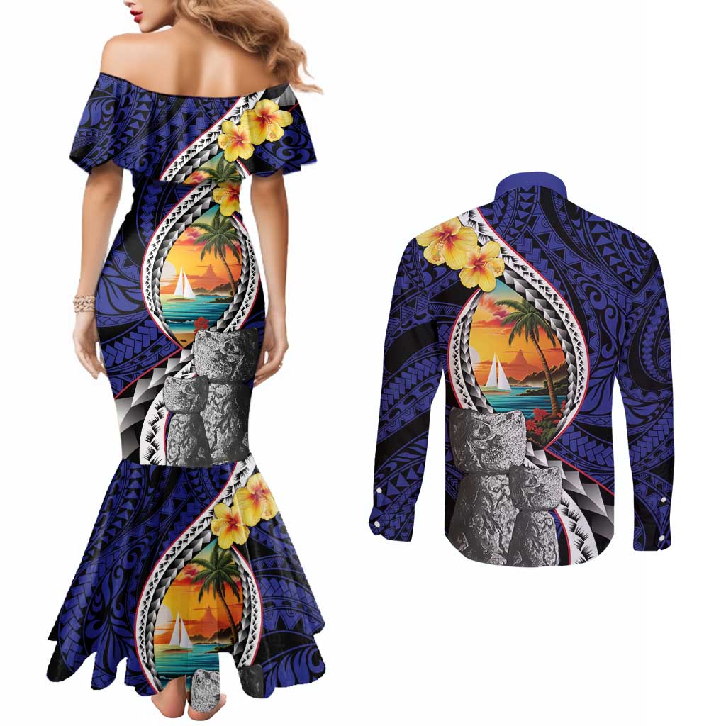 Hafa Adai Guam Seal Latte Stones Artwork Couples Matching Mermaid Dress and Long Sleeve Button Shirt