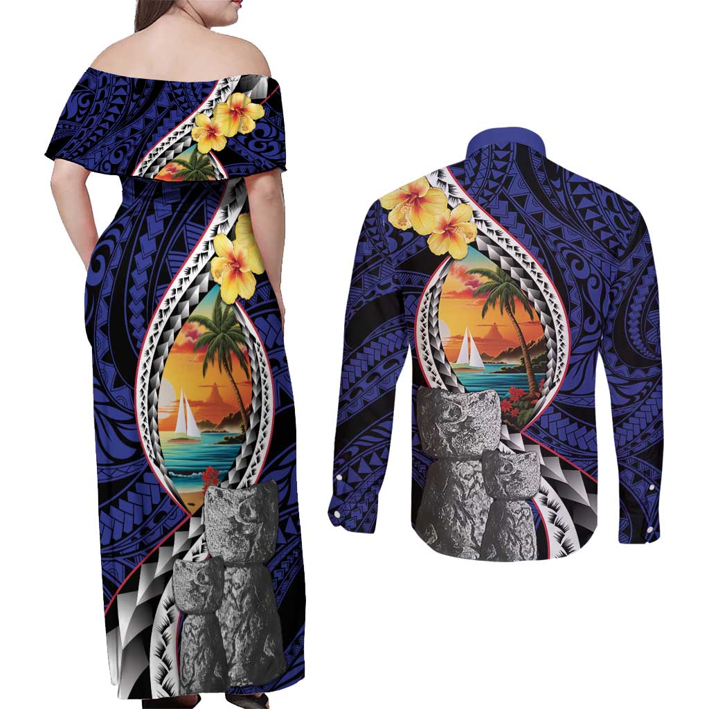 Hafa Adai Guam Seal Latte Stones Artwork Couples Matching Off Shoulder Maxi Dress and Long Sleeve Button Shirt