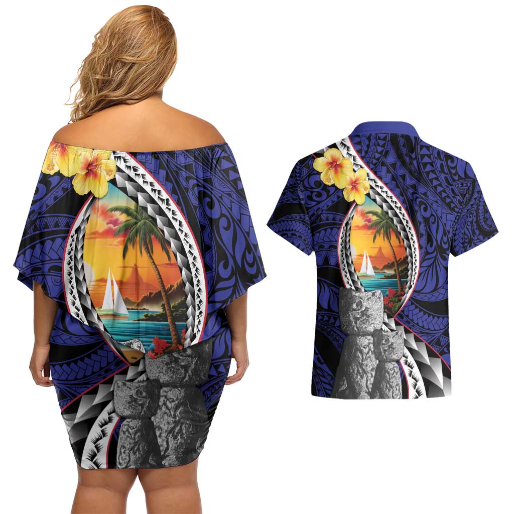 Hafa Adai Guam Seal Latte Stones Artwork Couples Matching Off Shoulder Short Dress and Hawaiian Shirt