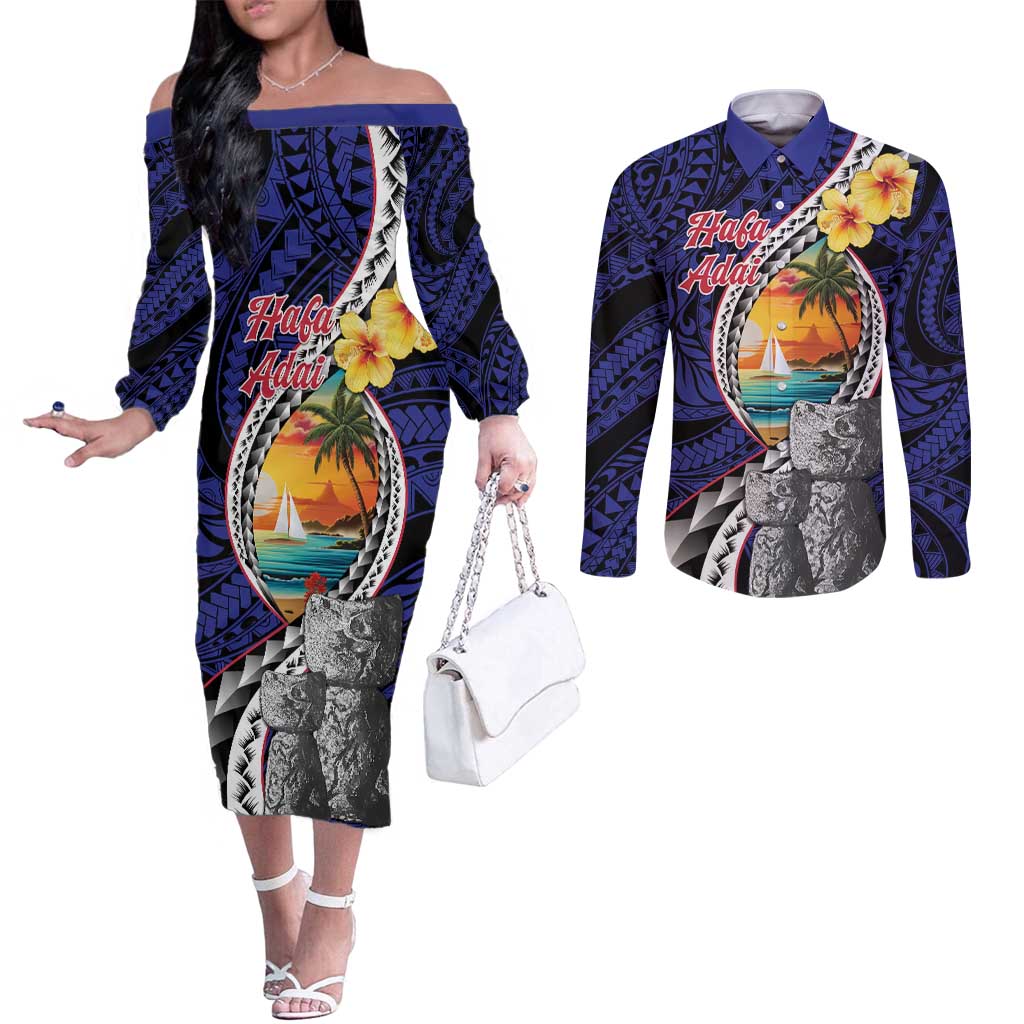 Hafa Adai Guam Seal Latte Stones Artwork Couples Matching Off The Shoulder Long Sleeve Dress and Long Sleeve Button Shirt
