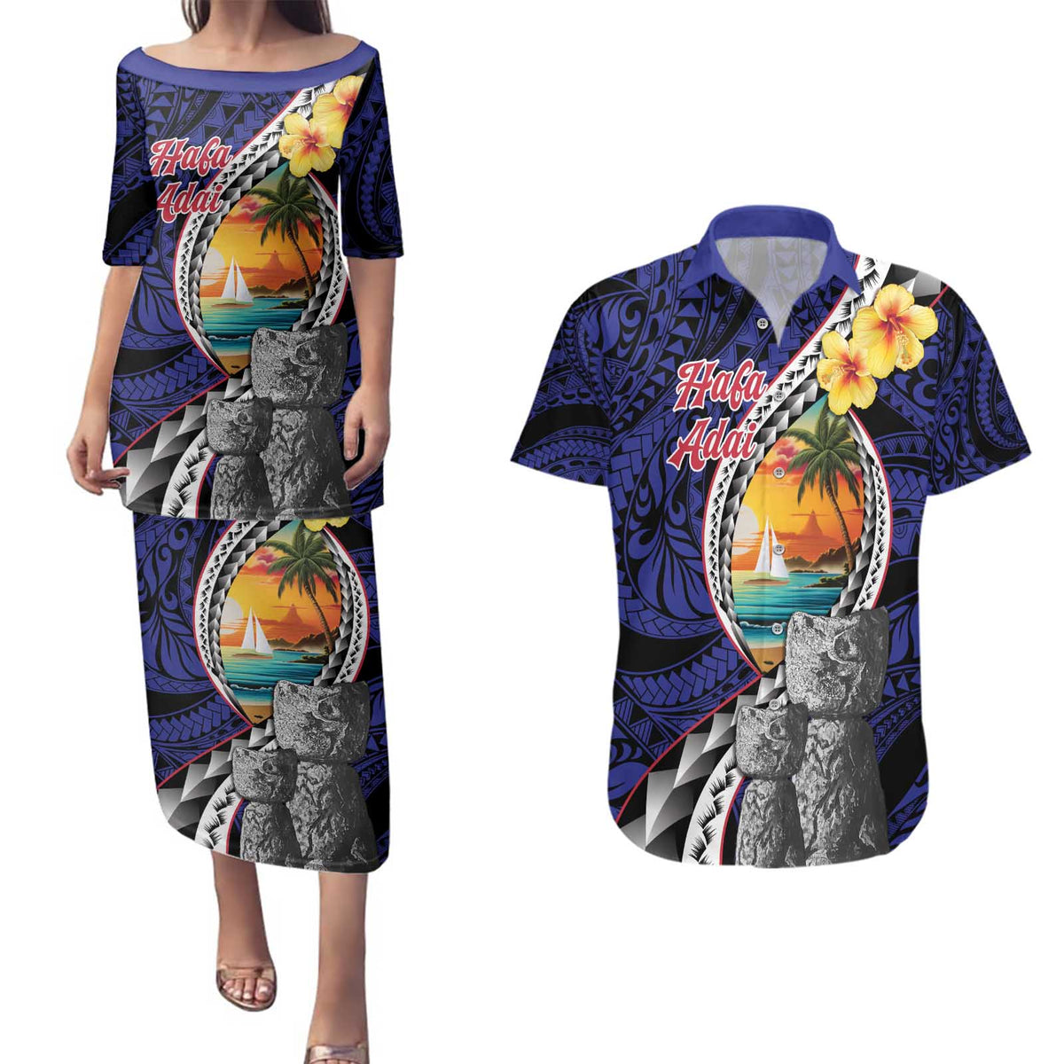 Hafa Adai Guam Seal Latte Stones Artwork Couples Matching Puletasi and Hawaiian Shirt