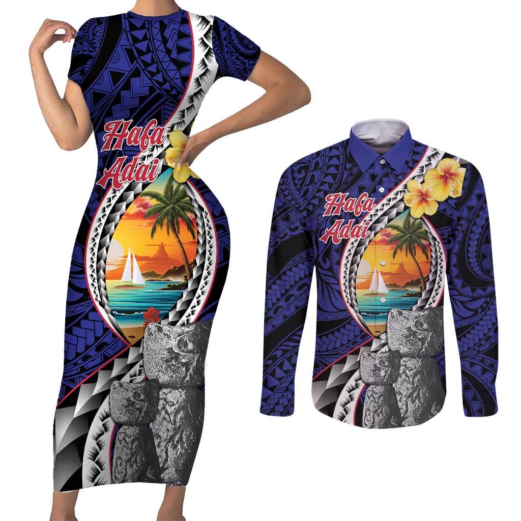 Hafa Adai Guam Seal Latte Stones Artwork Couples Matching Short Sleeve Bodycon Dress and Long Sleeve Button Shirt