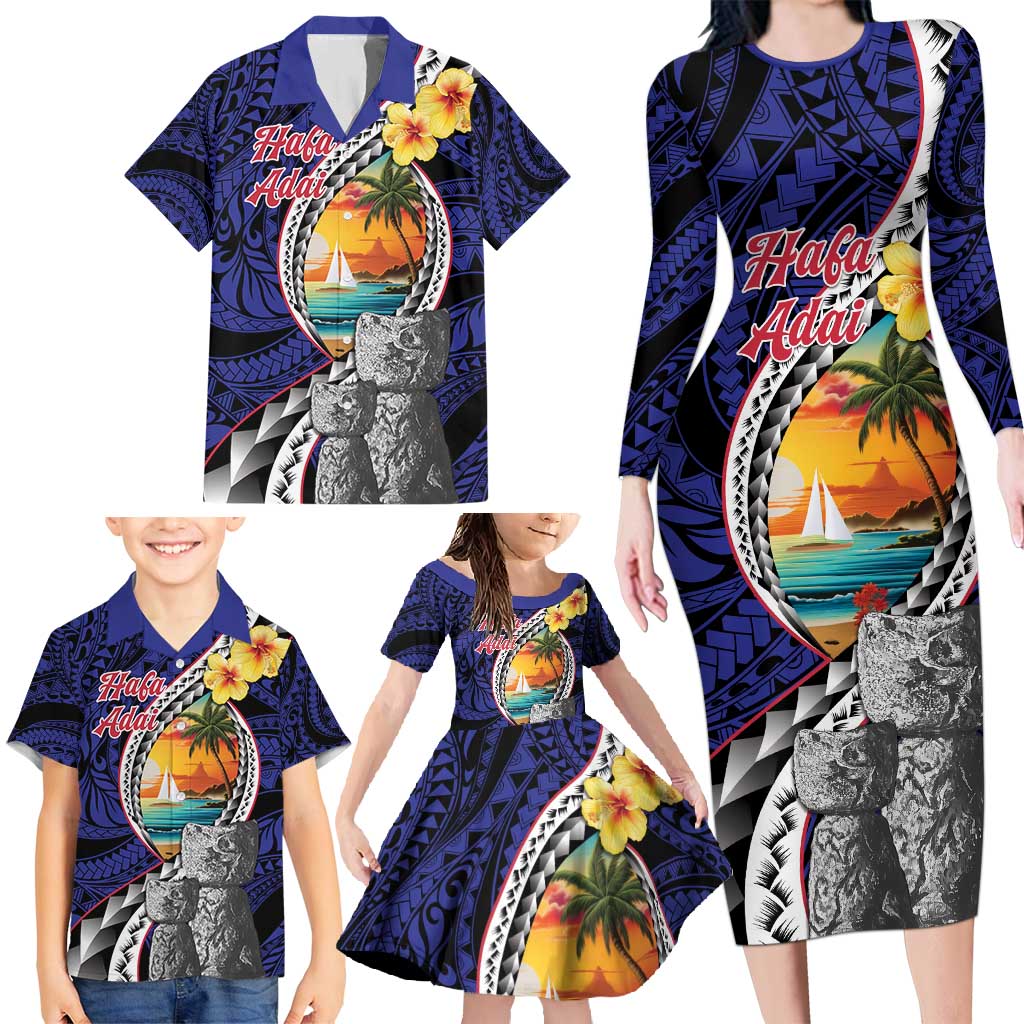 Hafa Adai Guam Seal Latte Stones Artwork Family Matching Long Sleeve Bodycon Dress and Hawaiian Shirt