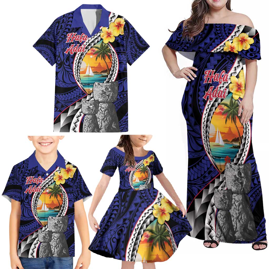 Hafa Adai Guam Seal Latte Stones Artwork Family Matching Off Shoulder Maxi Dress and Hawaiian Shirt