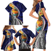 Hafa Adai Guam Seal Latte Stones Artwork Family Matching Short Sleeve Bodycon Dress and Hawaiian Shirt