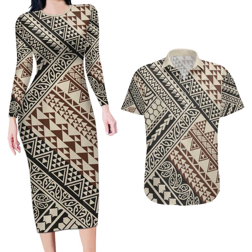 Niho Taniwha Kowhaiwhai Couples Matching Long Sleeve Bodycon Dress and Hawaiian Shirt