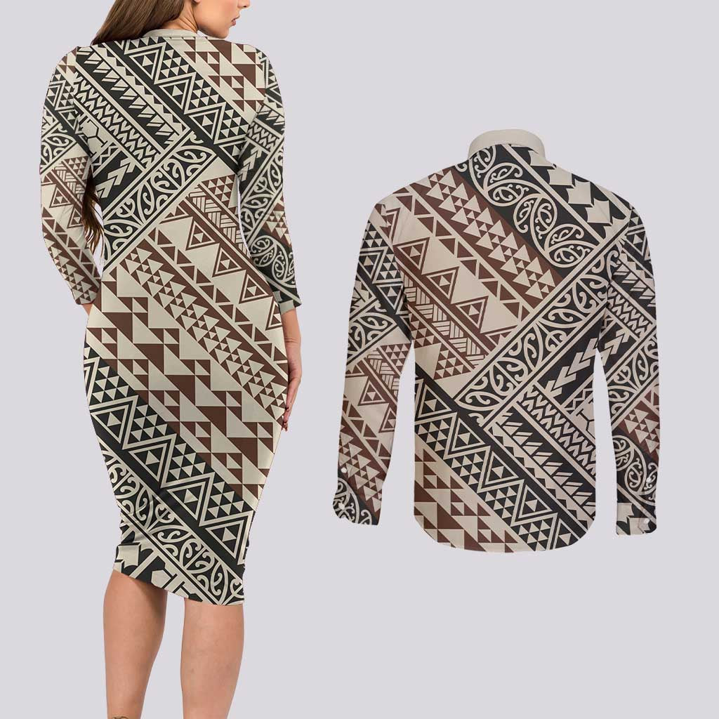 Niho Taniwha Kowhaiwhai Couples Matching Long Sleeve Bodycon Dress and Long Sleeve Button Shirt