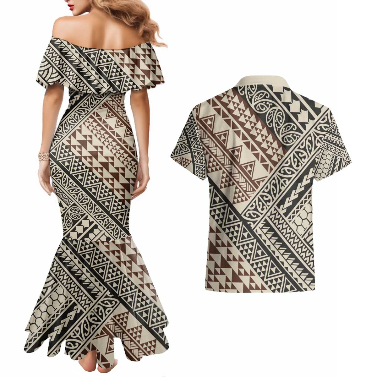 Niho Taniwha Kowhaiwhai Couples Matching Mermaid Dress and Hawaiian Shirt