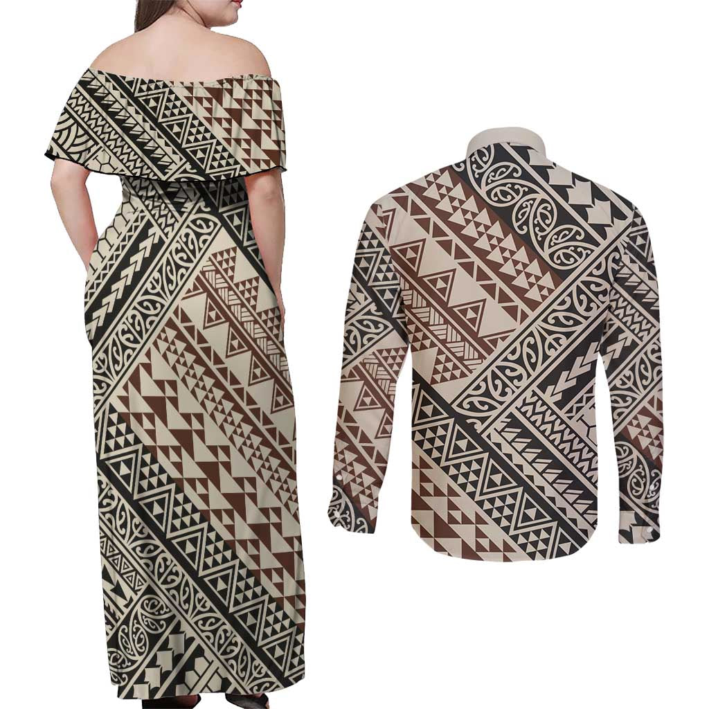 Niho Taniwha Kowhaiwhai Couples Matching Off Shoulder Maxi Dress and Long Sleeve Button Shirt