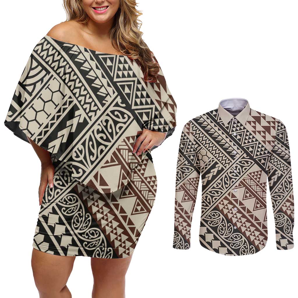 Niho Taniwha Kowhaiwhai Couples Matching Off Shoulder Short Dress and Long Sleeve Button Shirt