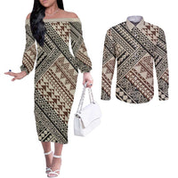 Niho Taniwha Kowhaiwhai Couples Matching Off The Shoulder Long Sleeve Dress and Long Sleeve Button Shirt