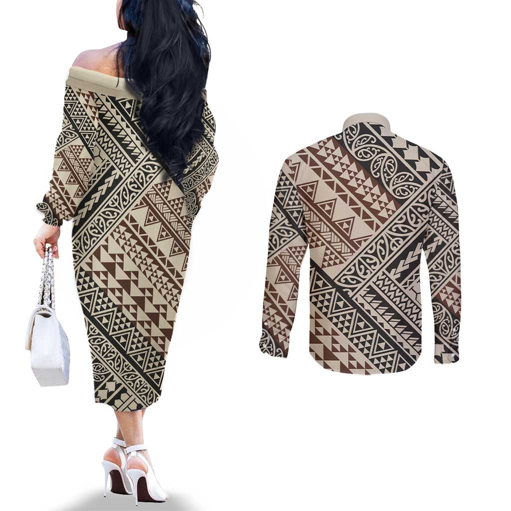 Niho Taniwha Kowhaiwhai Couples Matching Off The Shoulder Long Sleeve Dress and Long Sleeve Button Shirt