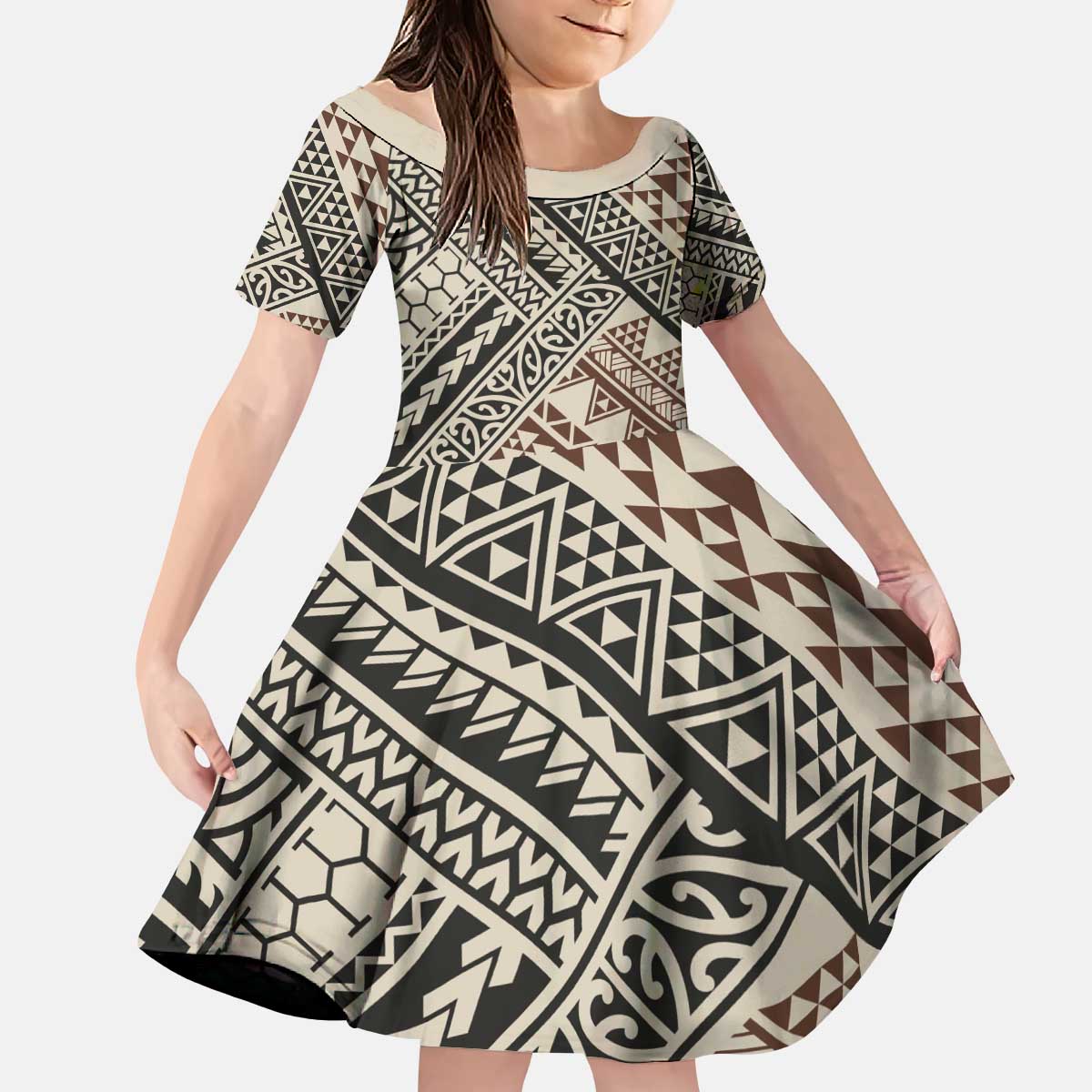 Niho Taniwha Kowhaiwhai Kid Short Sleeve Dress LT9 KID Beige - Polynesian Pride