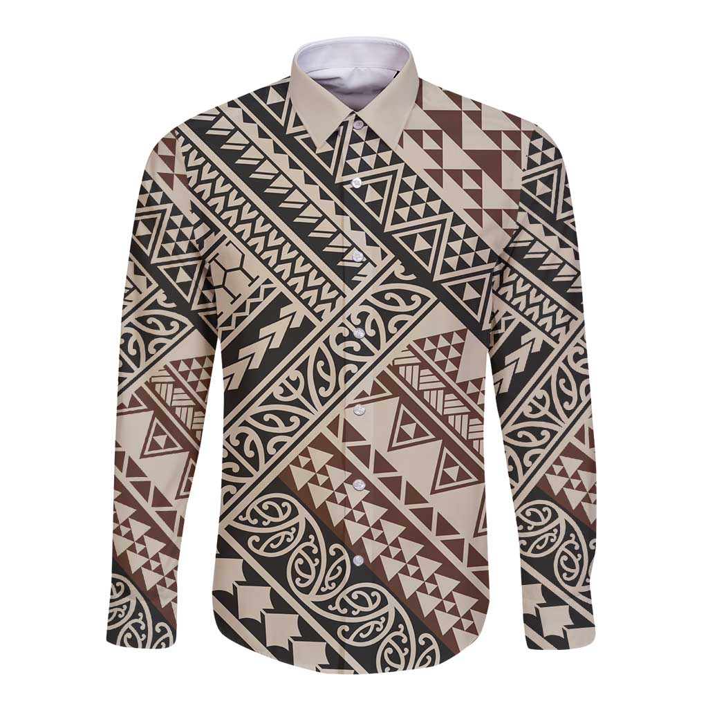 Niho Taniwha Kowhaiwhai Long Sleeve Button Shirt LT9 Unisex Beige - Polynesian Pride