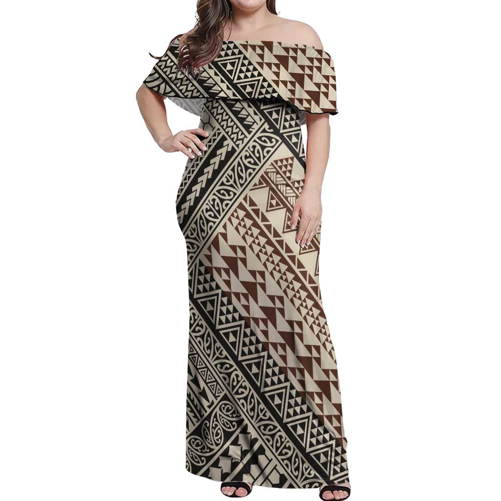 Niho Taniwha Kowhaiwhai Off Shoulder Maxi Dress LT9 Women Beige - Polynesian Pride