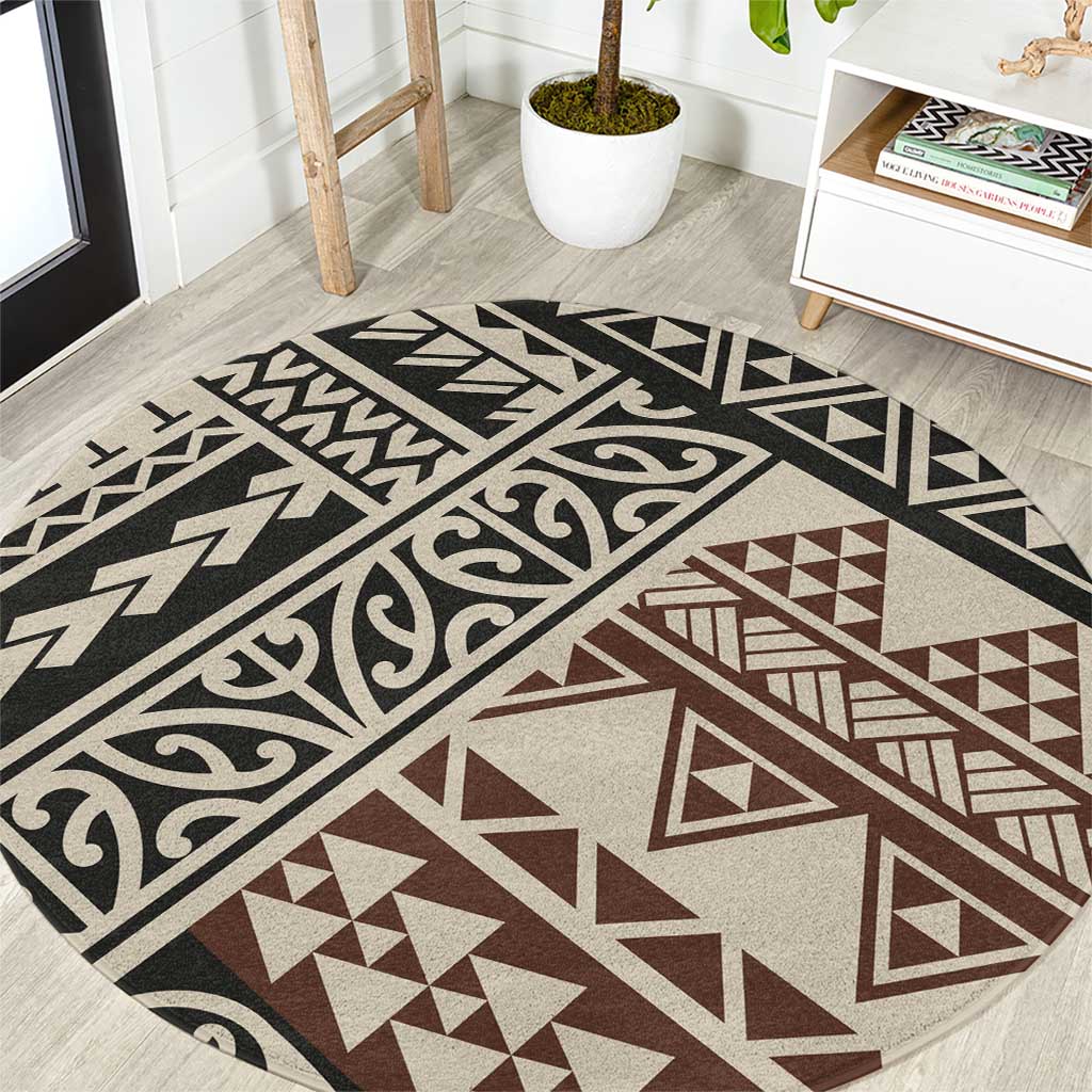 Niho Taniwha Kowhaiwhai Round Carpet LT9 Beige - Polynesian Pride