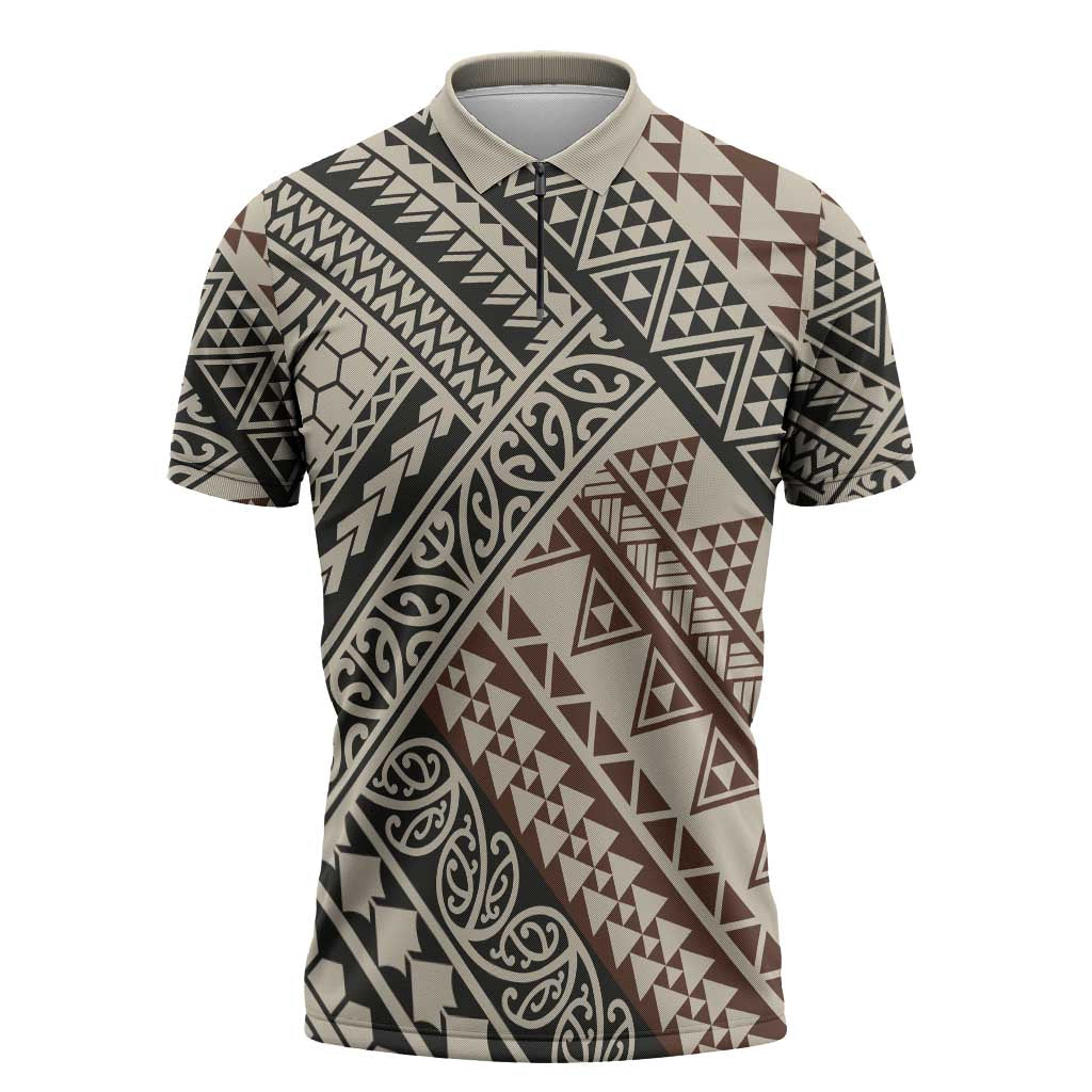 Niho Taniwha Kowhaiwhai Zipper Polo Shirt LT9 Beige - Polynesian Pride