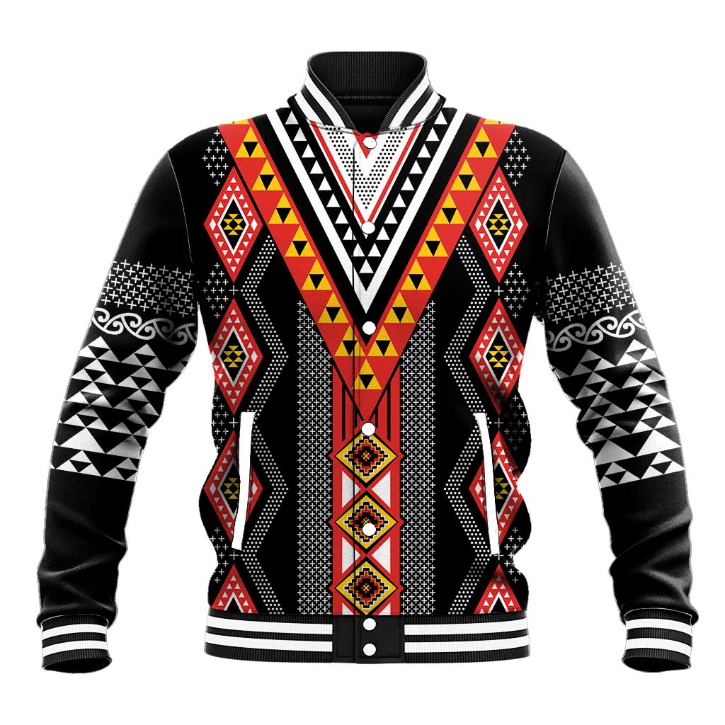 Niho Taniwha Taniko Motif Baseball Jacket LT9 Unisex Red - Polynesian Pride