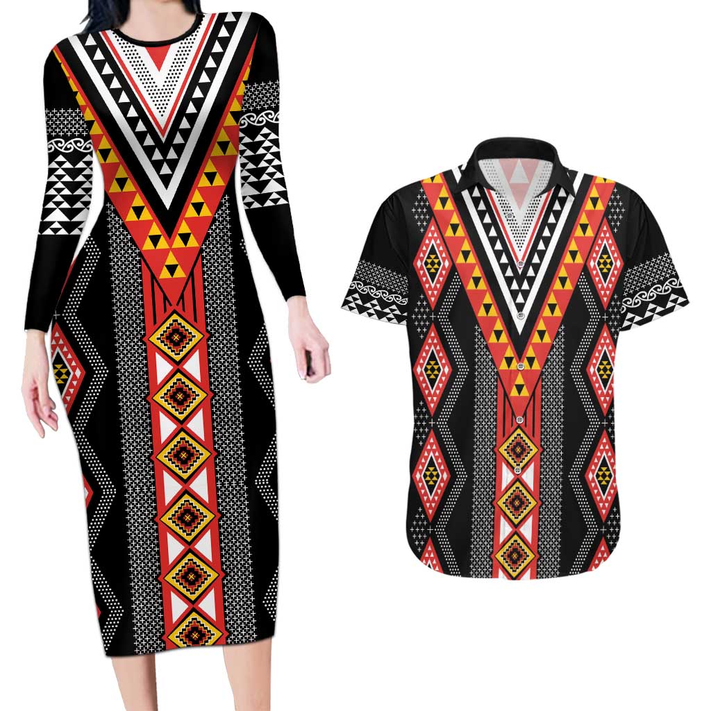 Niho Taniwha Taniko Motif Couples Matching Long Sleeve Bodycon Dress and Hawaiian Shirt